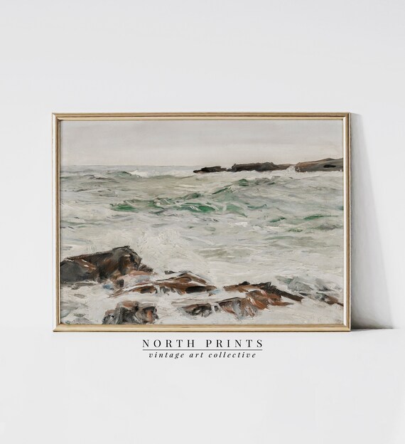 Muted Green Ocean Waves Rocky Shore Seascape Painting Poster