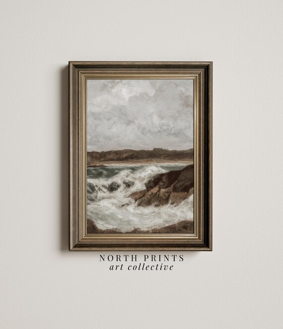 Moody Rustic Ocean Waves Rocky Coast Oil Seascape Painting Poster
