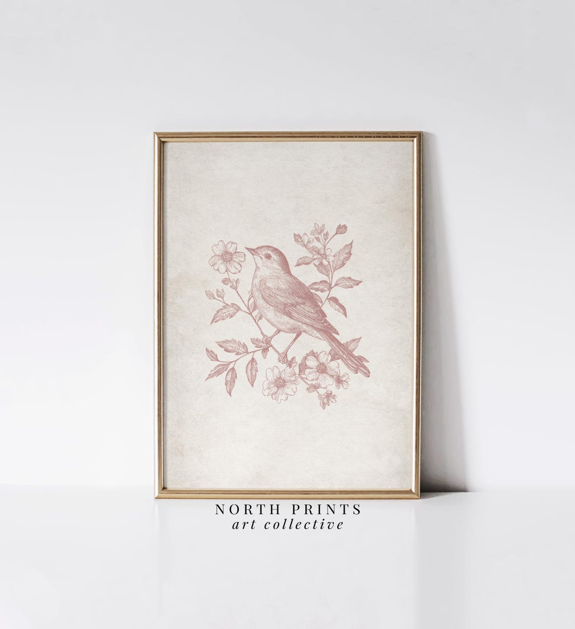 Pink Antique Bird Illustration Floral Branch Nursery Room Poster