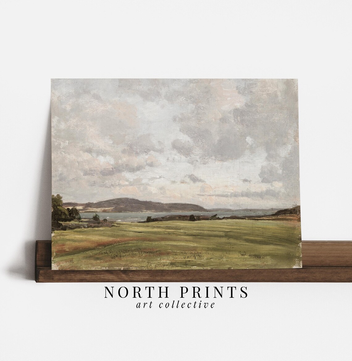 Green Meadow Lake Distant Hills Cloudy Sky Vintage Landscape Painting Wall Print - Image 3