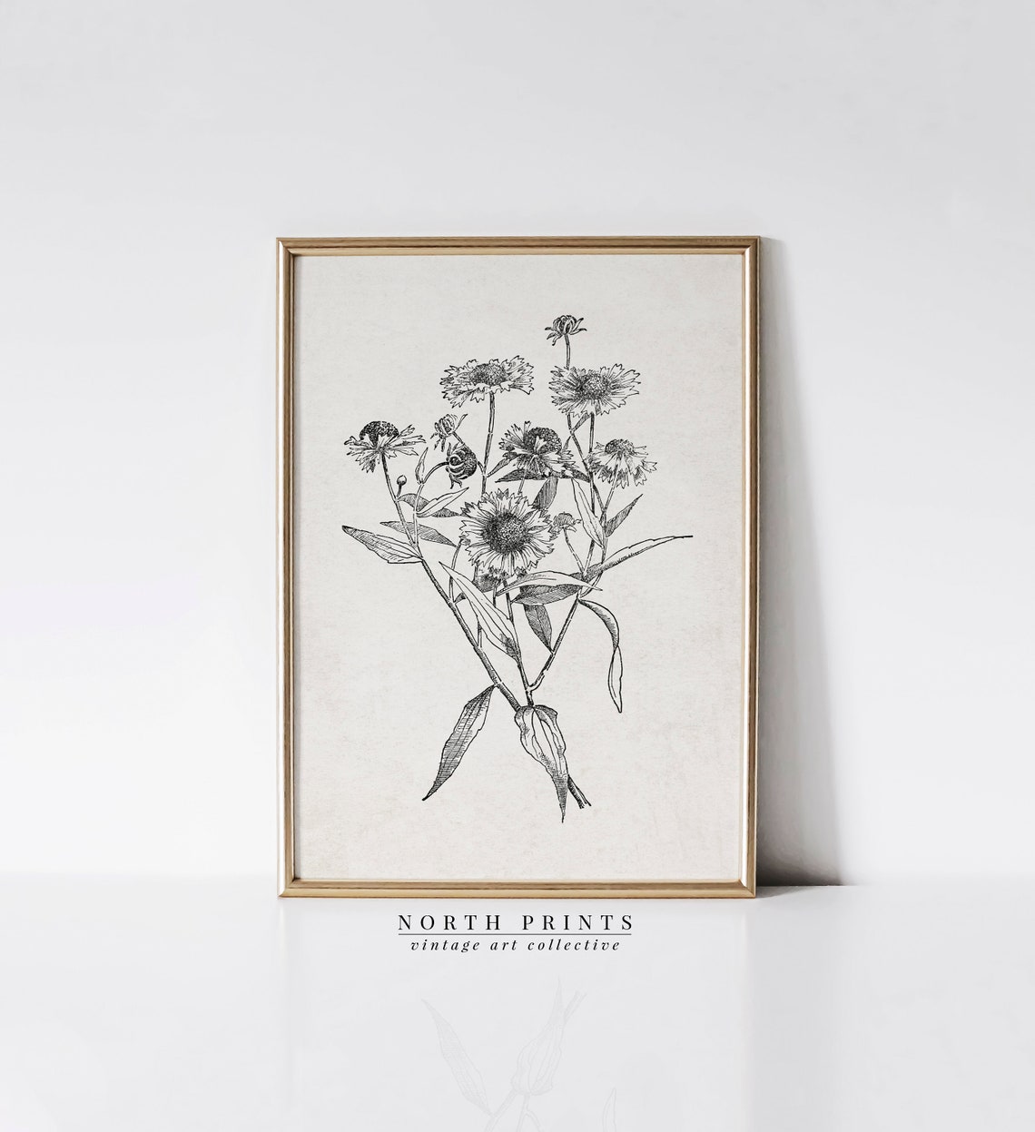 Wildflower Bouquet Black Ink Sketch Vintage Botanical Drawing Print - Image 3