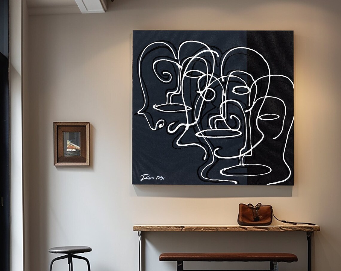 Two White Line Art Faces on Black Modern Minimalist Abstract Poster