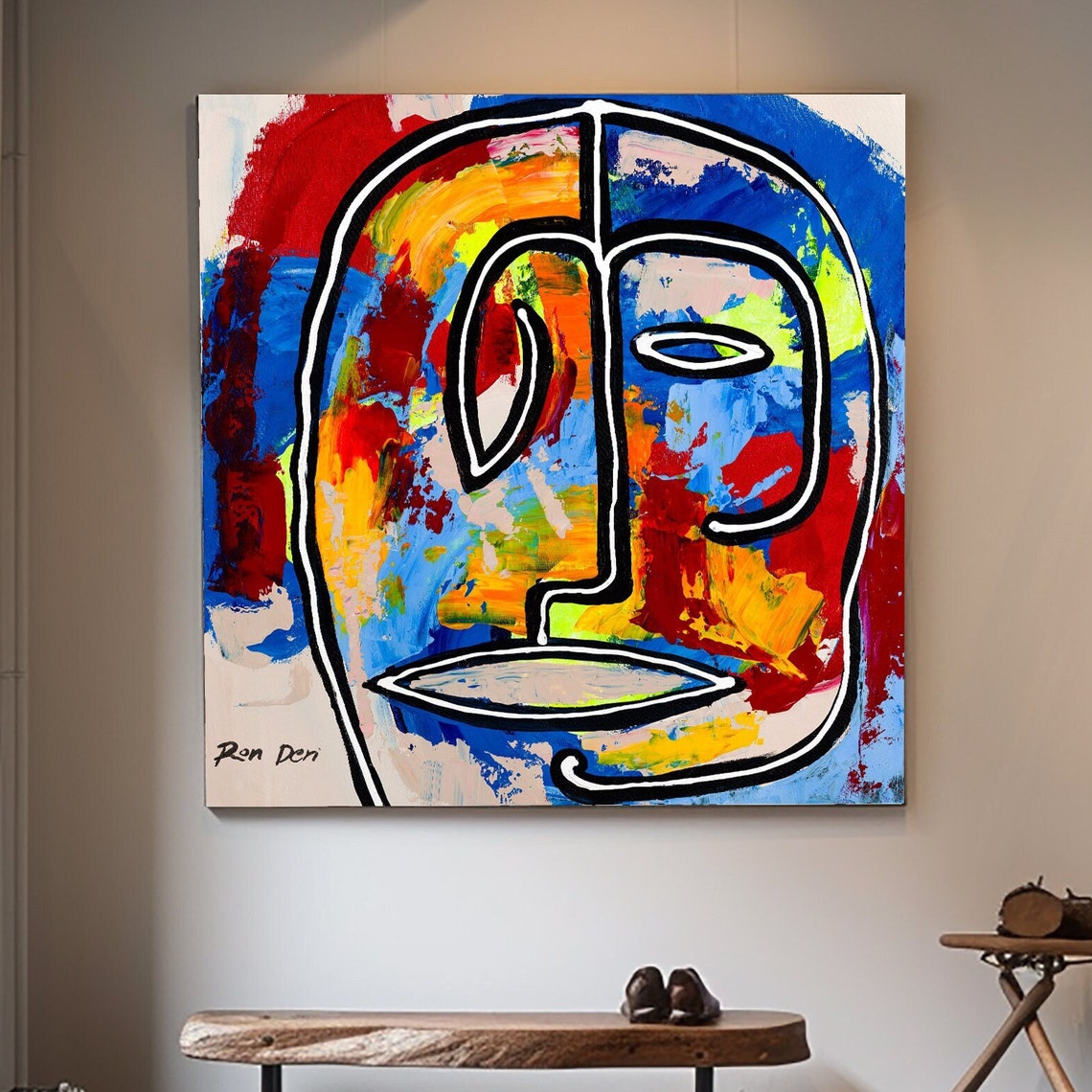 Bold Red Blue Yellow Face Square Abstract Line Portrait Poster - Image 5