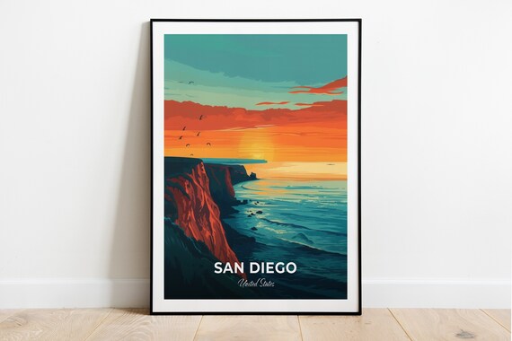 San Diego California Red Cliffs Sunset Ocean Coast Travel Poster