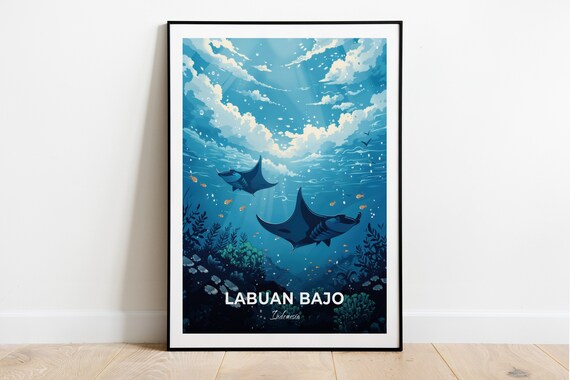 Labuan Bajo Manta Rays Coral Reef Dive Indonesia Vintage Travel Poster