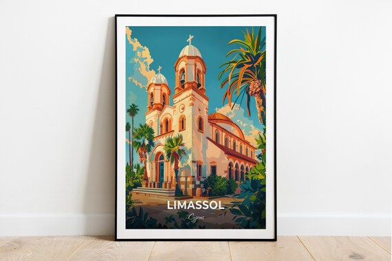 Limassol Cyprus Saint Catherine Church Travel Poster Palm Tree Art