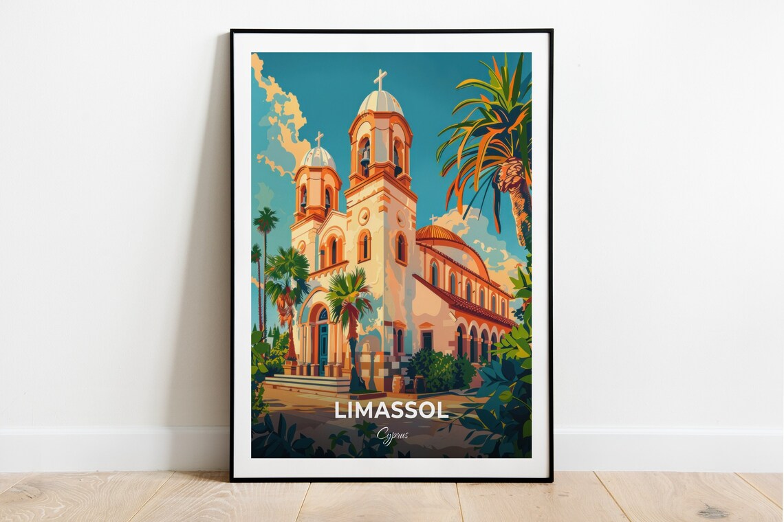 Limassol Cyprus Saint Catherine Church Travel Poster Palm Tree Art