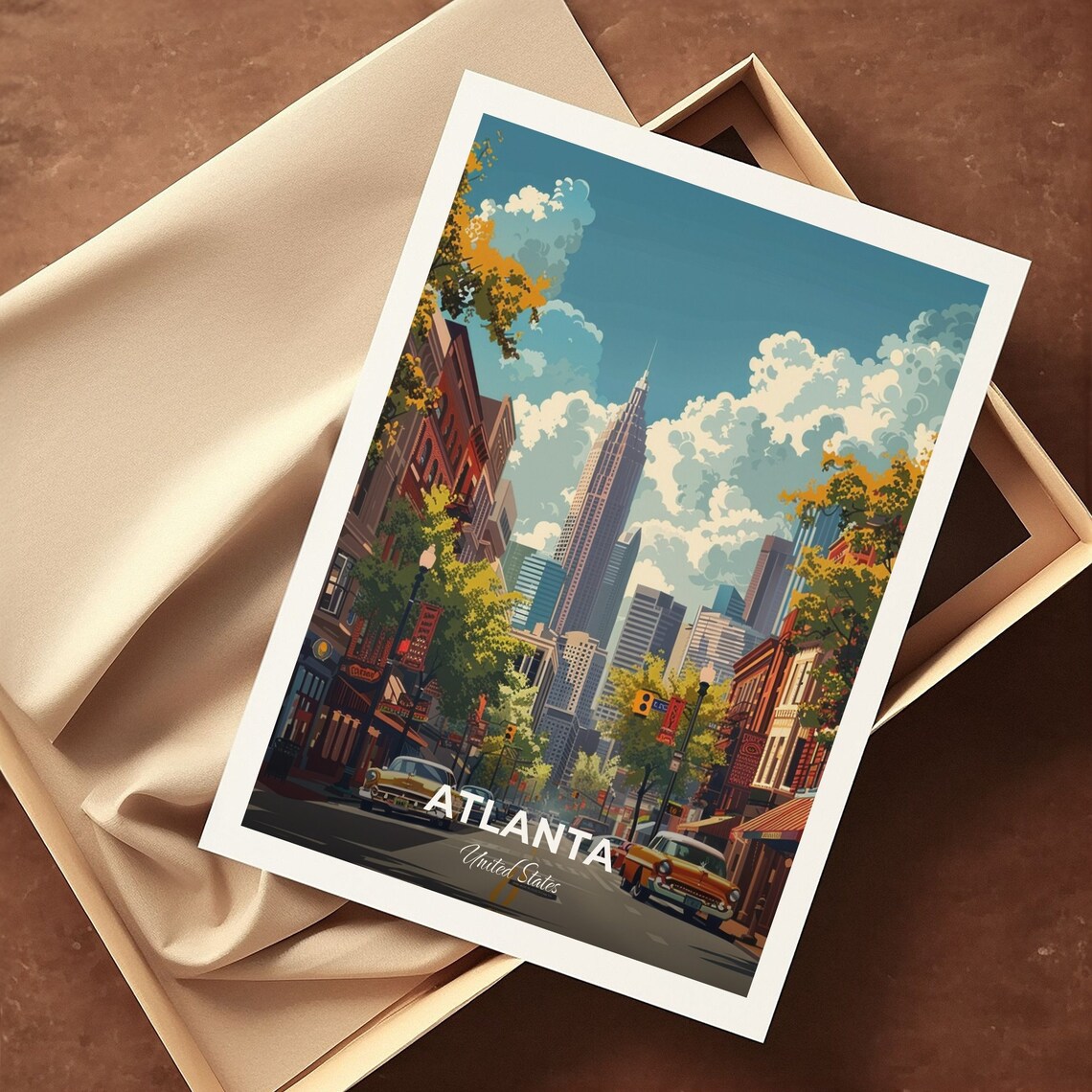 Atlanta Downtown Skyline Classic Cars Street Scene Travel Poster - Image 3