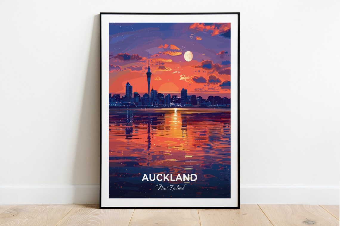 Auckland Mission Bay Night Skyline Moon Reflection Travel Poster