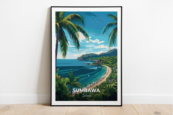 Sumbawa Indonesia Palm Framed Curved Bay Jungle Coast Travel Poster