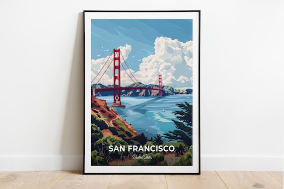 San Francisco Golden Gate Bridge Bay Sailboats USA Vintage Travel Poster