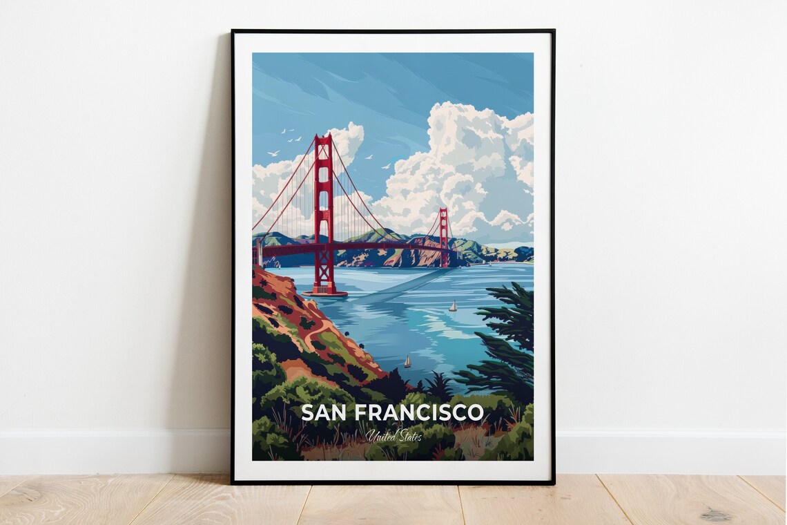 San Francisco Golden Gate Bridge Bay Sailboats USA Vintage Travel Poster