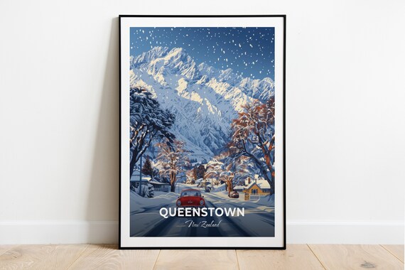 Queenstown Remarkables Snowy Street Winter Red Car Travel Poster