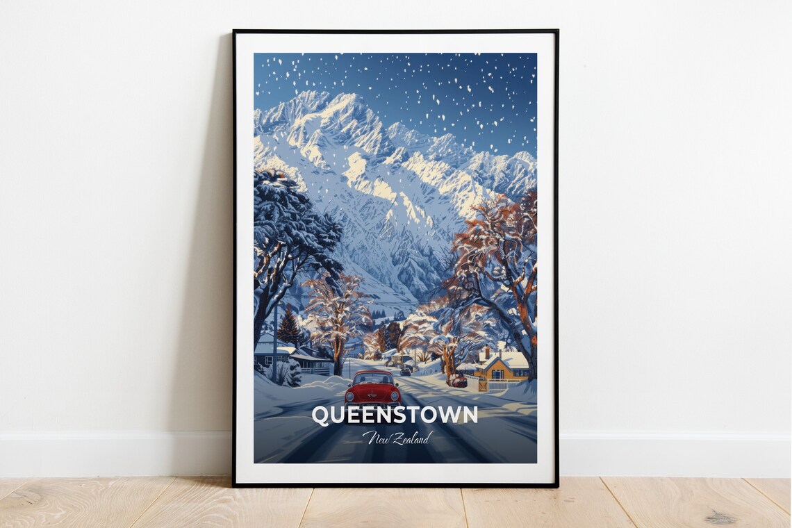 Queenstown Remarkables Snowy Street Winter Red Car Travel Poster