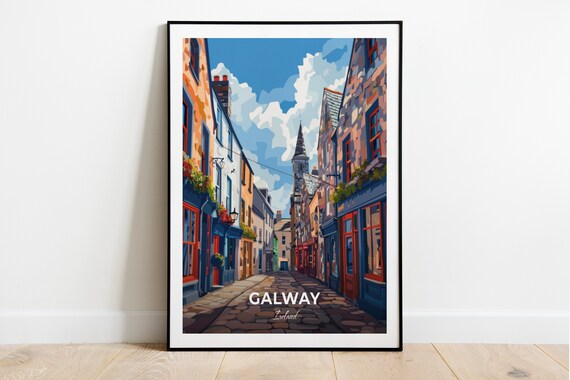 Galway Ireland Colorful Cobblestone Street Travel Poster City Charm Art