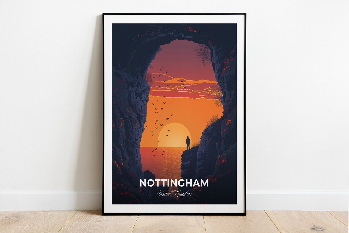 Nottingham City Of Caves Sea Cave Arch Sunset Birds Travel Poster