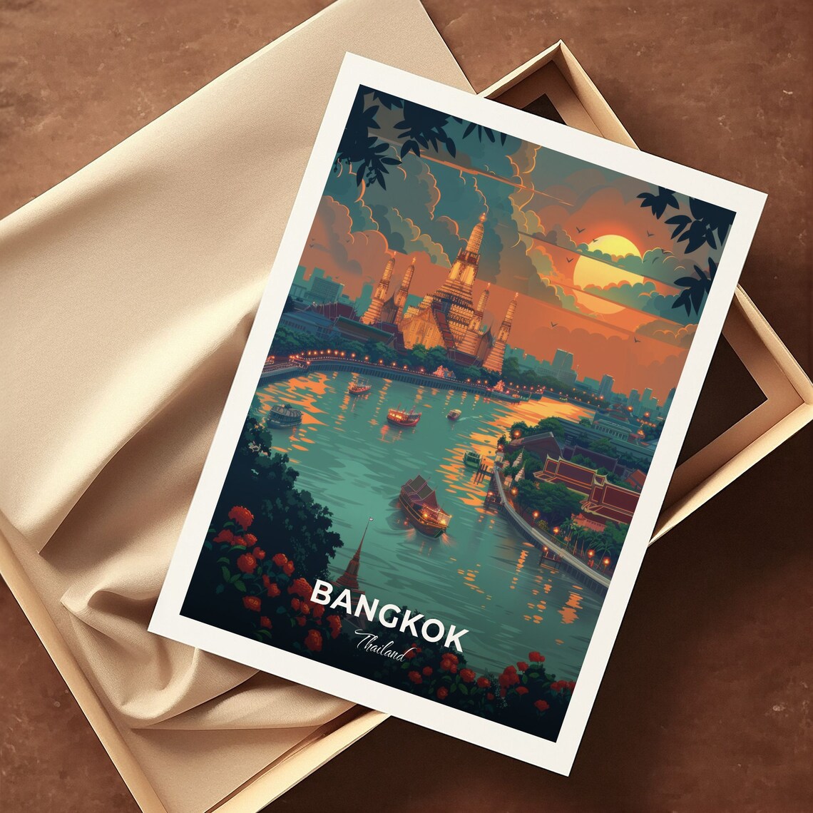 Bangkok Thailand Chao Phraya River Sunset Boats Travel Illustration Poster - Image 3