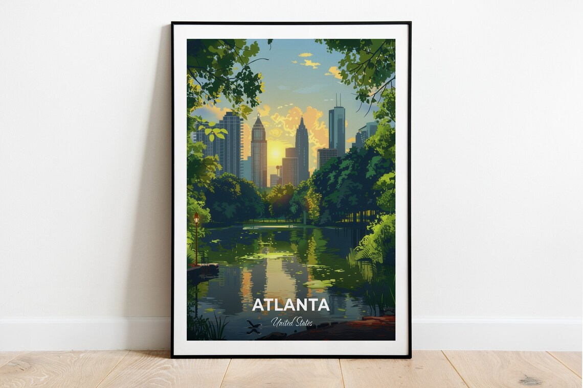 Atlanta Georgia Piedmont Park Lake Sunset Skyline Travel Poster