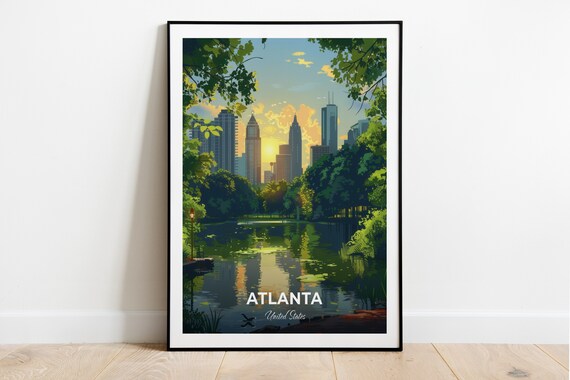 Atlanta Georgia Piedmont Park Lake Sunset Skyline Travel Poster