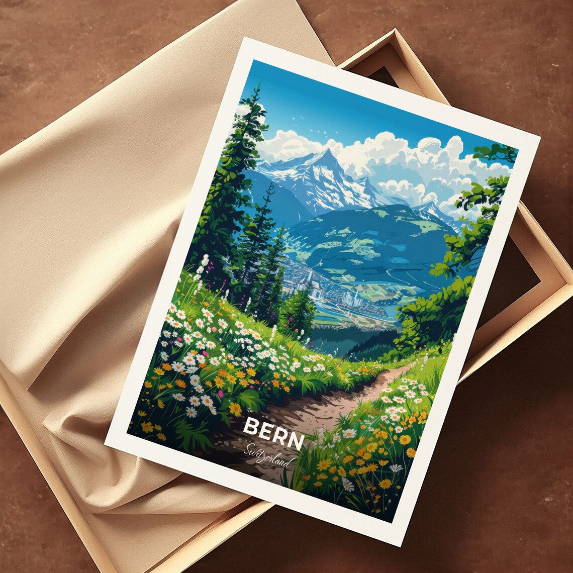 Bern Switzerland Alpine Meadow Wildflowers Snowy Peaks Mountain Poster - Image 3