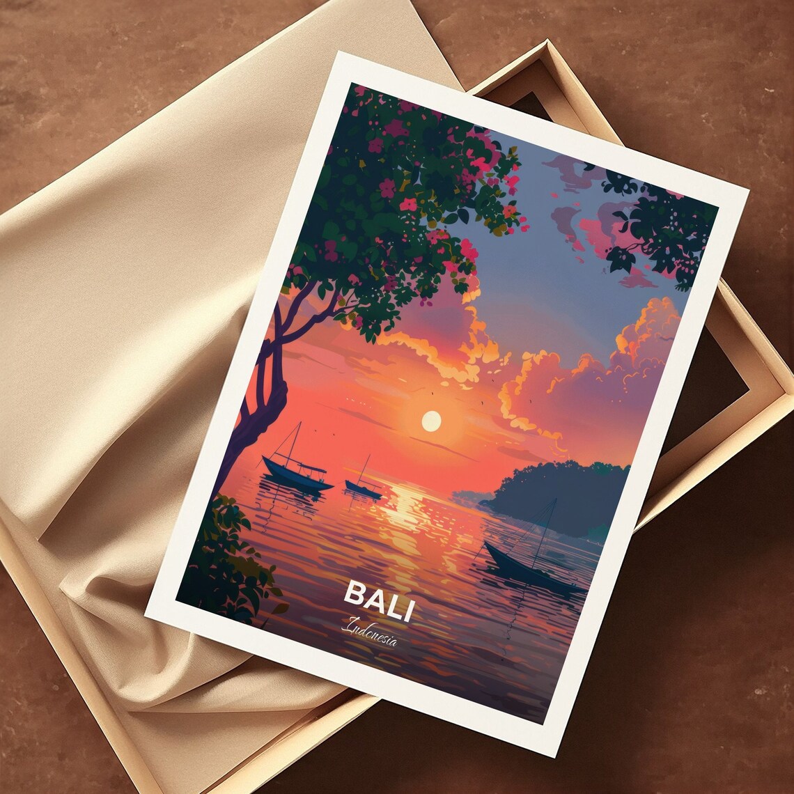 Bali Lovina Beach Sunset Boats Orange Sky Tropical Travel Poster - Image 3