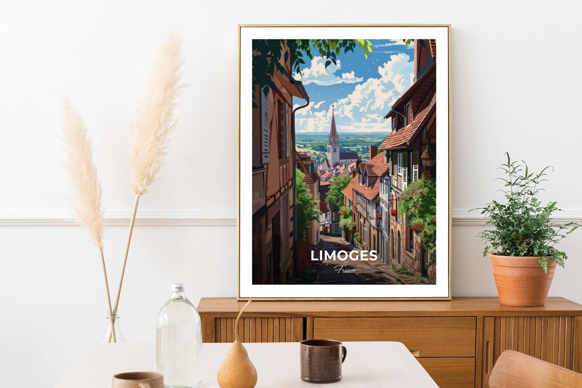 Limoges France Old Village Street Church Tower Flowers Charming Poster - Image 2