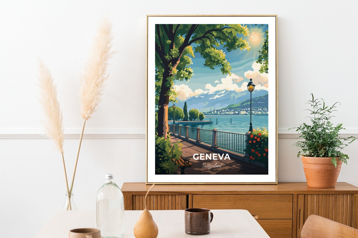 Geneva Switzerland Lake Promenade Vintage Cityscape Travel Poster - Image 2