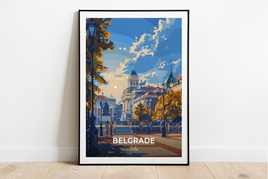 Belgrade Republic Square Historic Buildings Statue Travel Poster
