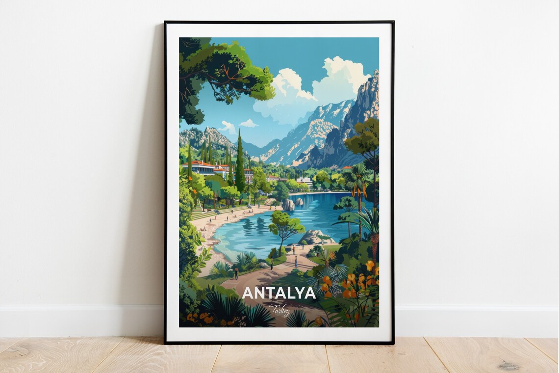 Antalya Lush Green Park Pond With Mountains Turkey Travel Poster