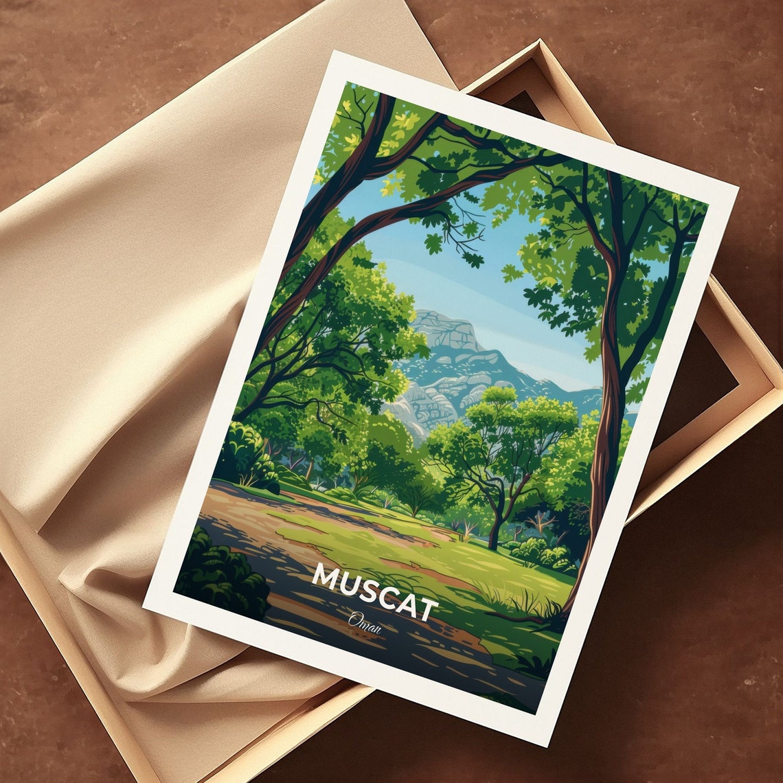 Muscat Oman Leafy Green Park Trees Rugged Mountains Travel Poster - Image 3