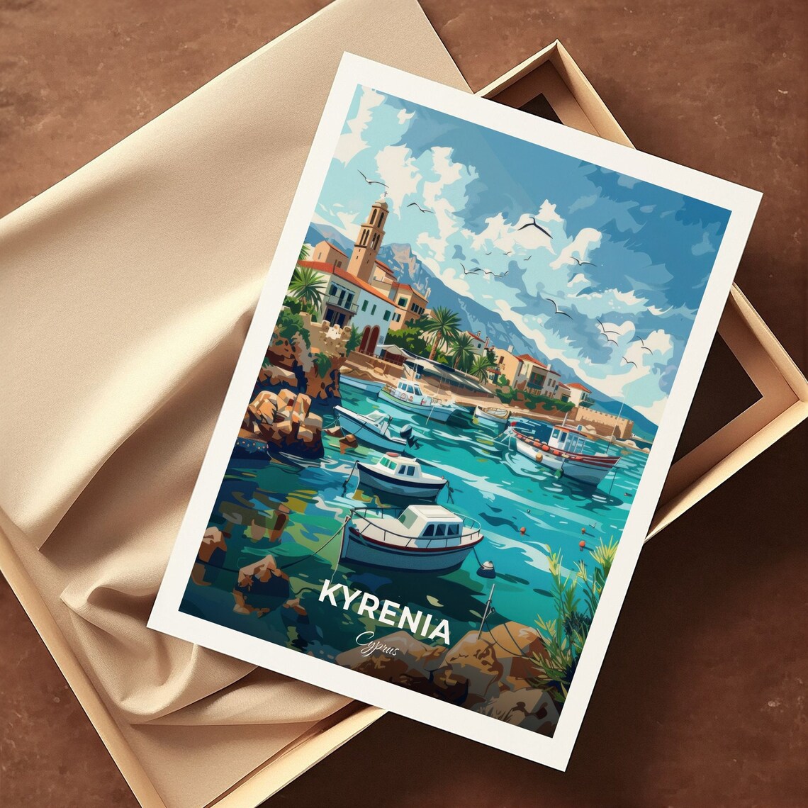 Kyrenia Cyprus Old Harbor Colorful Fishing Boats Sunny Day Poster - Image 3