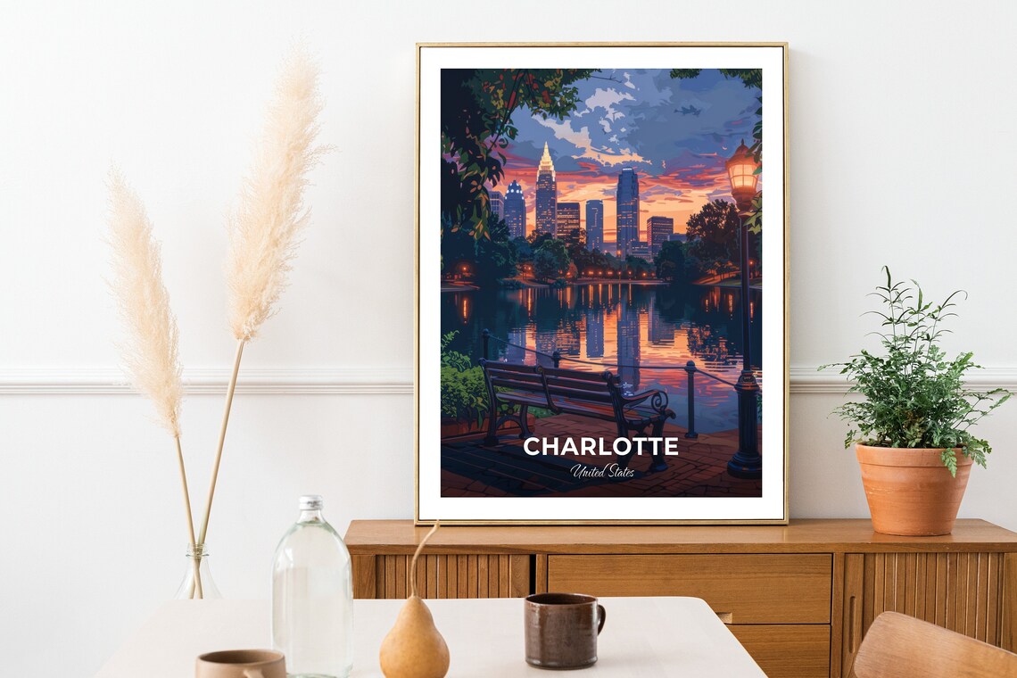 Charlotte USA Skyline Sunset Lakeside Park Bench Travel Poster - Image 2