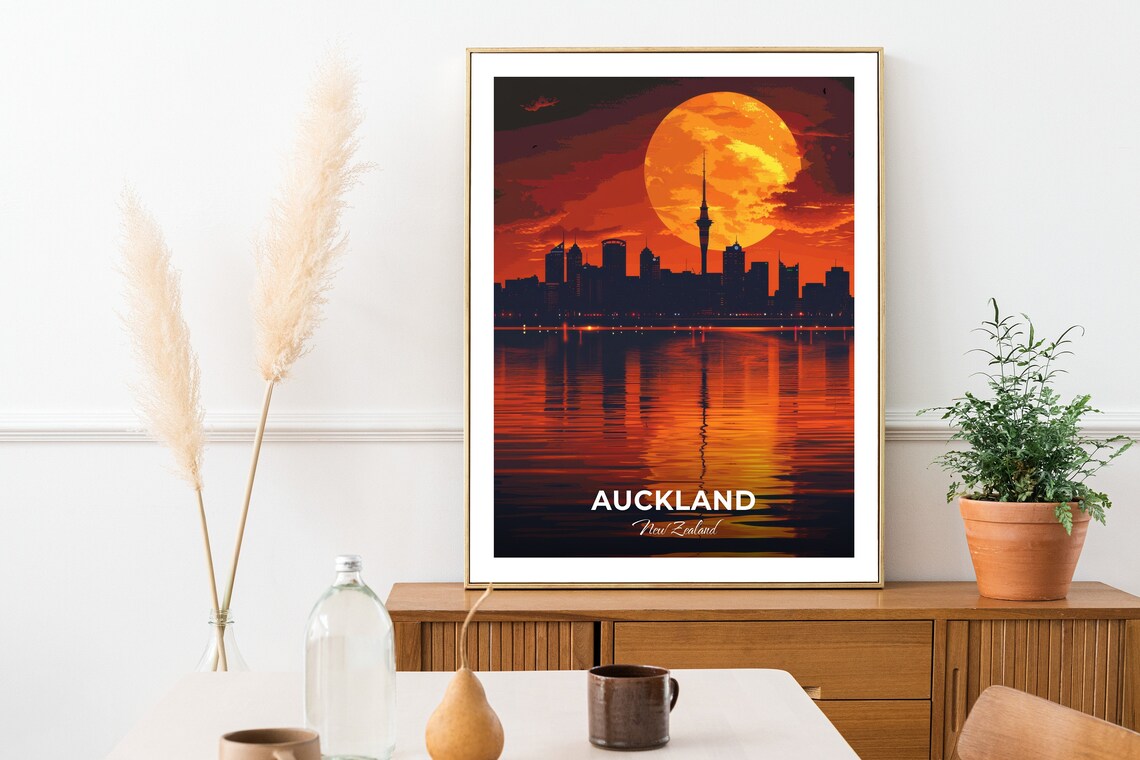Auckland Sky Tower Sunset Skyline Over The Harbour Travel Poster - Image 2