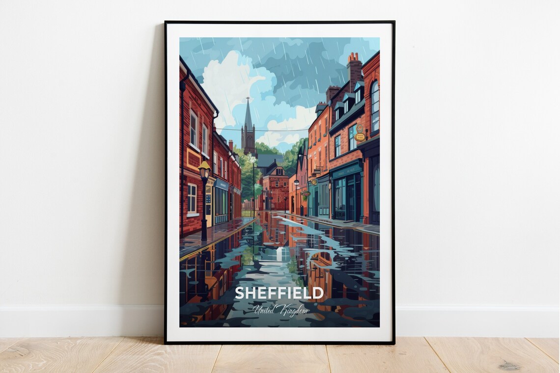 Sheffield Kelham Island Rainy Street Reflections Poster Artwork