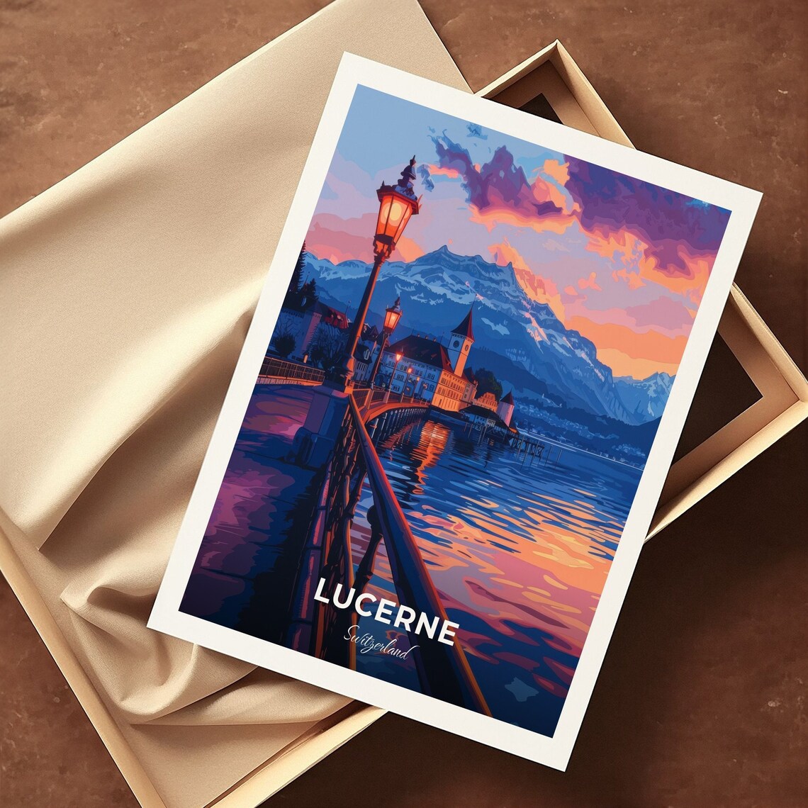 Lucerne Switzerland Chapel Bridge Sunset Lake View Travel Poster - Image 3