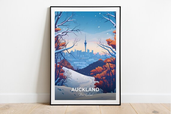 Auckland Winter Snow Sky Tower City View New Zealand Vintage Travel Poster