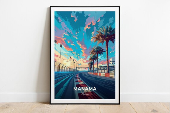 Manama Bahrain Race Track Sunset Palm Trees Night Glow Poster