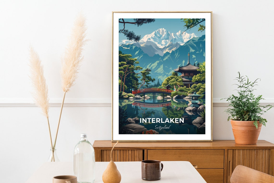 Interlaken Switzerland Japanese Garden Red Bridge Temple Travel Poster - Image 2