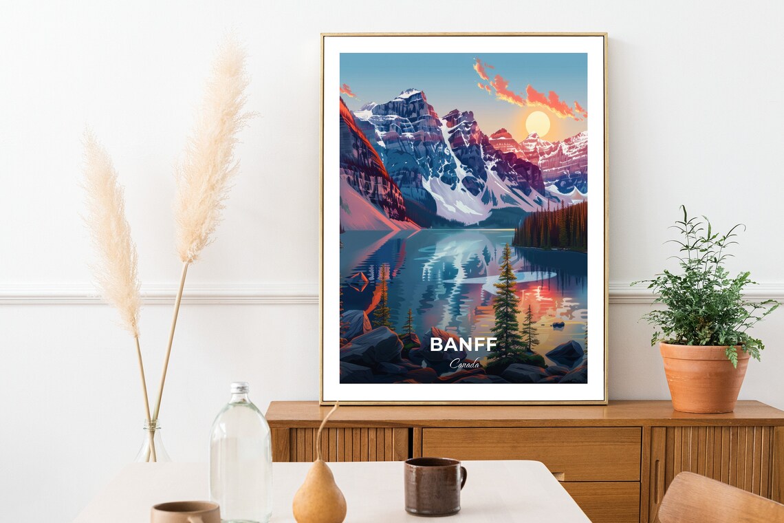 Banff Mountain Lake Sunset Snowy Peaks Reflection Travel Poster - Image 2