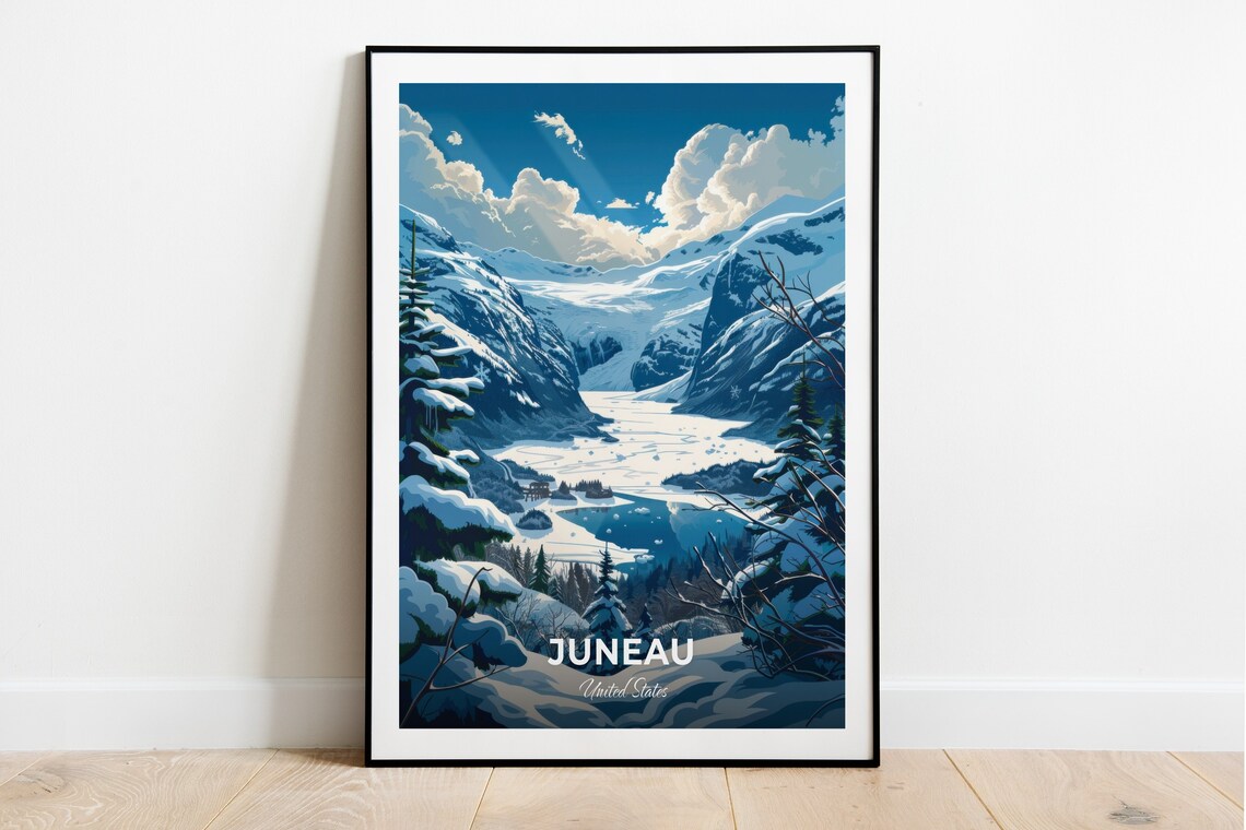 Juneau Alaska Glacier Valley Frozen Lake Snow Peaks Travel Poster