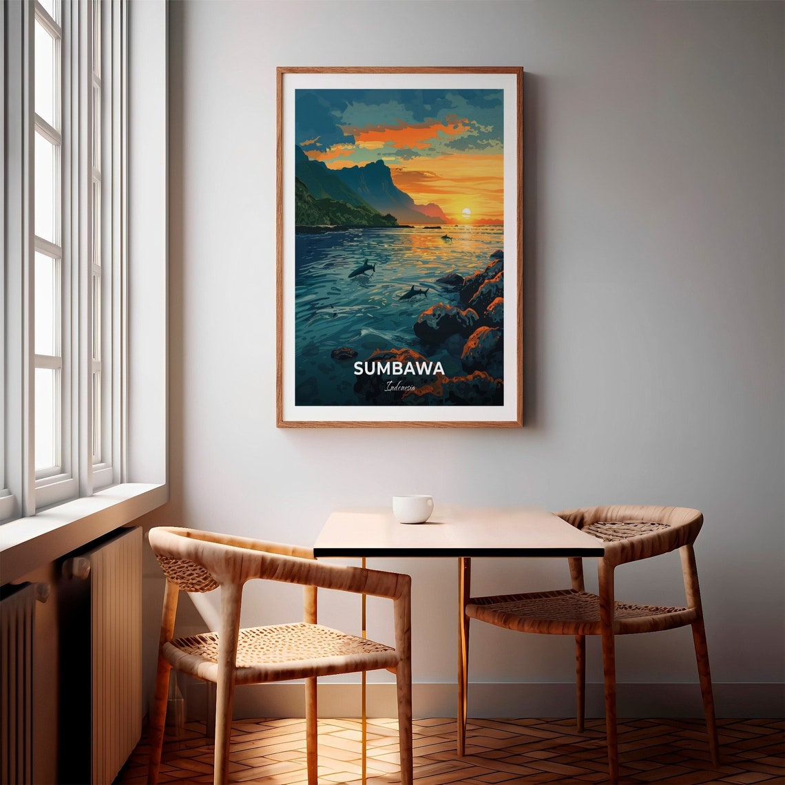 Sumbawa Indonesia Sunset Dolphins Rocky Shore Mountain View Poster - Image 2