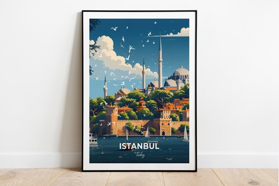 Istanbul Turkey Mosque Minarets Seagulls Waterfront Travel Poster