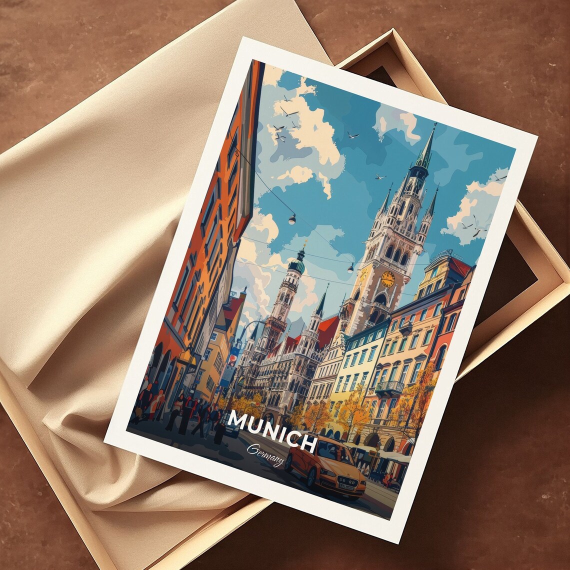 Munich Marienplatz New Town Hall Tower Street Scene Travel Poster - Image 3