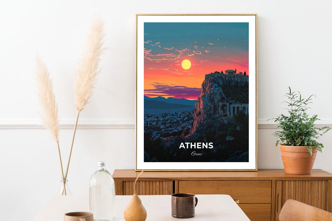 Athens Greece Acropolis Sunset Ancient Hill Rock Glare Art Poster - Image 3