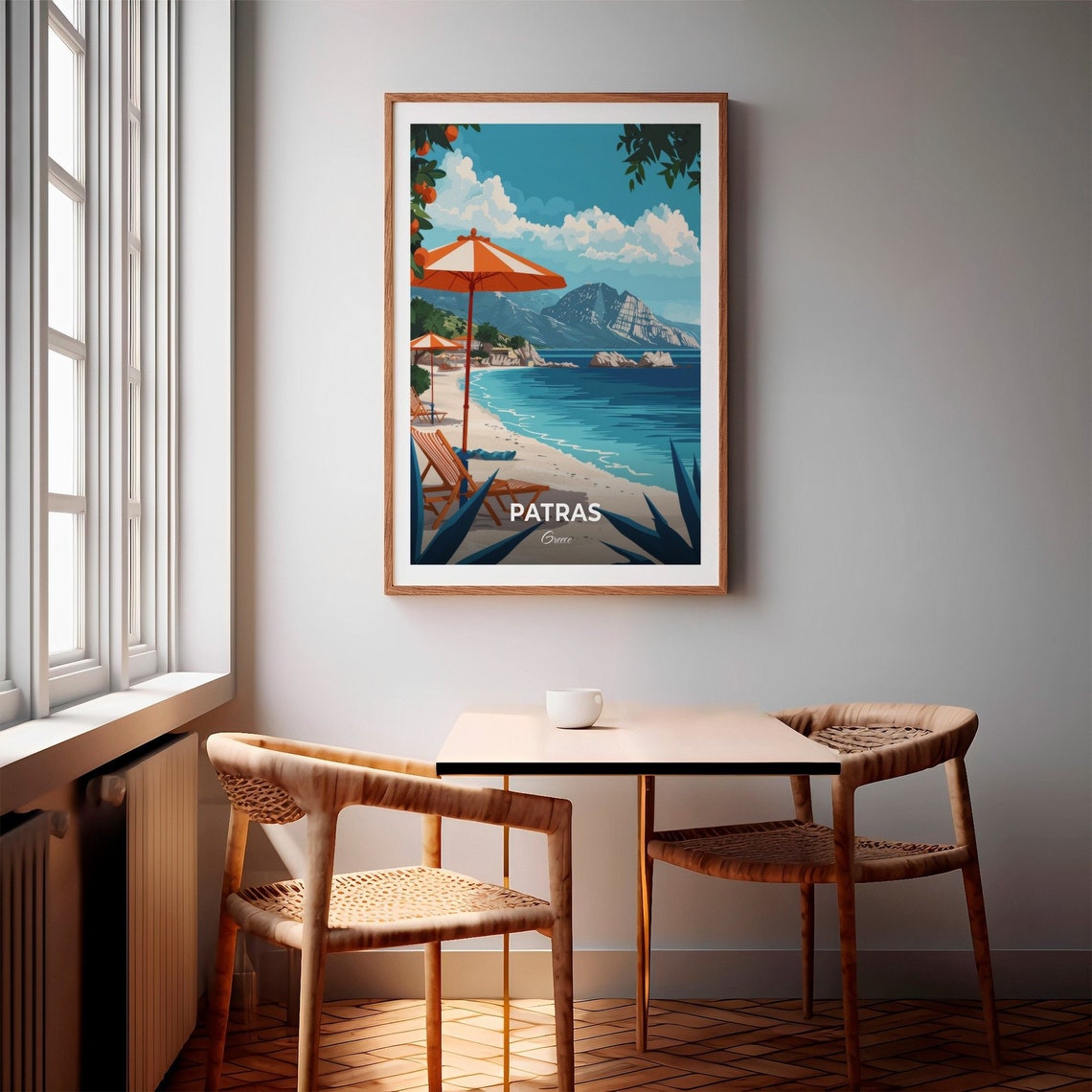 Sunny Patras Greece Sandy Beach with Orange Parasol Summer Poster - Image 2