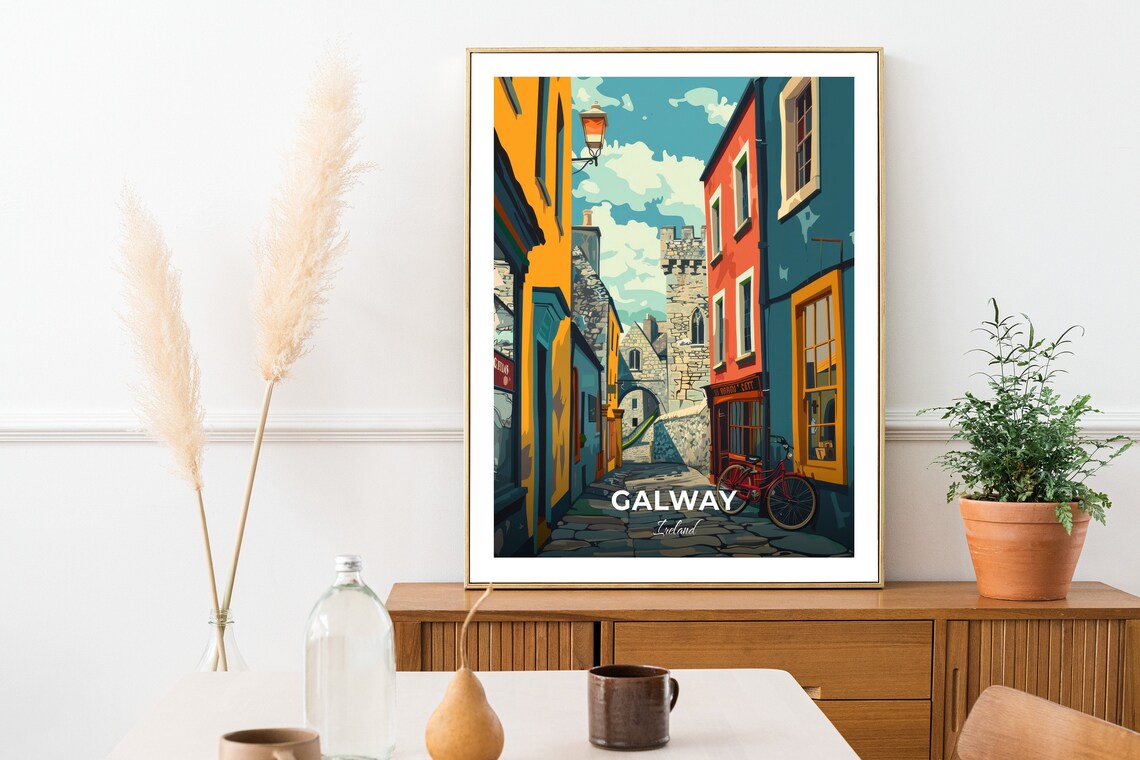 Galway Colorful Narrow Street With Stone Tower Ireland Travel Poster - Image 2
