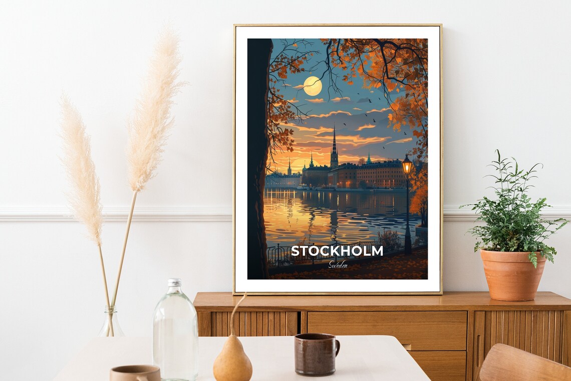 Stockholm Autumn Dusk Moonlit Waterfront City View Travel Poster - Image 2