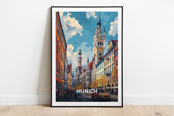 Munich Marienplatz New Town Hall Tower Street Scene Travel Poster