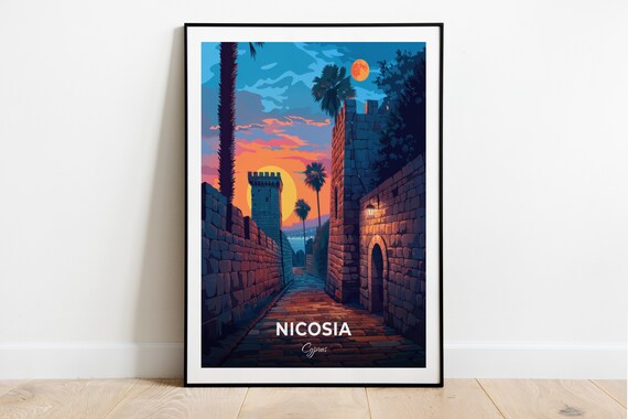 Nicosia Cyprus Famagusta Gate Stone Walls Sunset Palms Travel Poster
