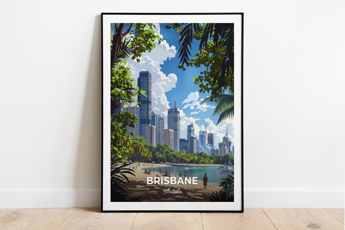 Brisbane Australia South Bank Beach Skyline Palms Travel Poster